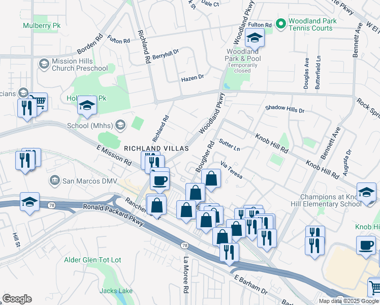 map of restaurants, bars, coffee shops, grocery stores, and more near 360 Calle Vela in San Marcos