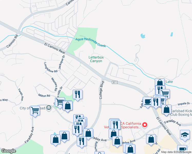 map of restaurants, bars, coffee shops, grocery stores, and more near 5422 Spencer Lane in Carlsbad