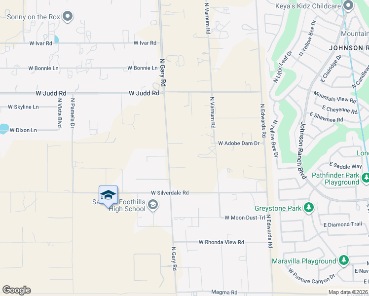map of restaurants, bars, coffee shops, grocery stores, and more near 27993-28627 North Gary Road in Queen Creek