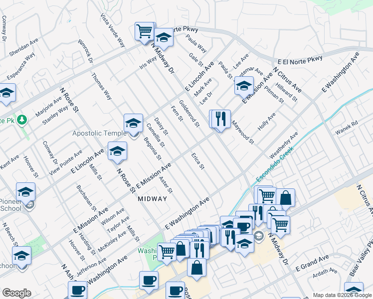 map of restaurants, bars, coffee shops, grocery stores, and more near 740 Daisy Street in Escondido