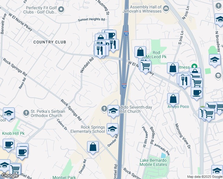 map of restaurants, bars, coffee shops, grocery stores, and more near 1507 Via Paloma in Escondido