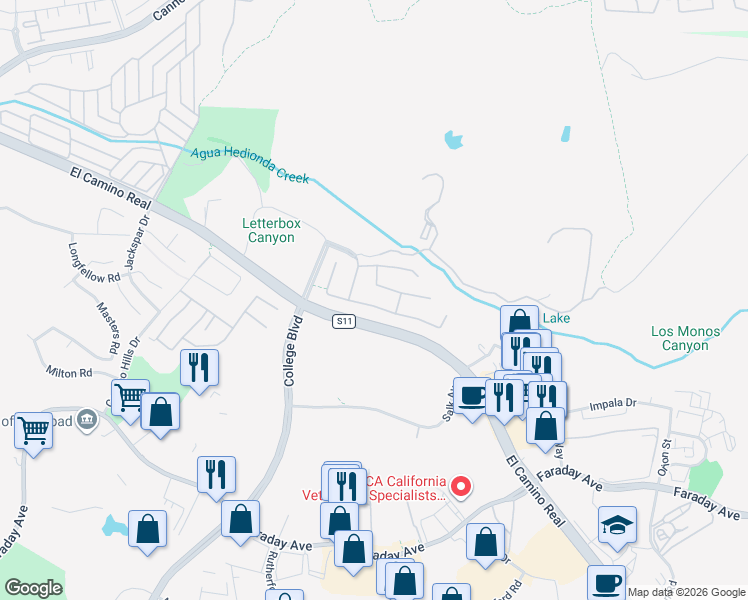 map of restaurants, bars, coffee shops, grocery stores, and more near 5507 Foxtail Loop in Carlsbad