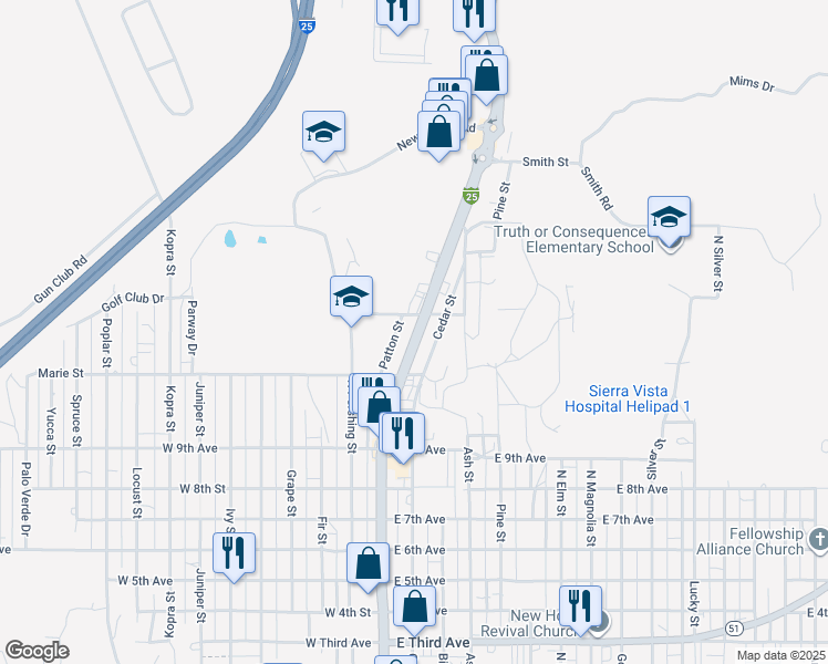 map of restaurants, bars, coffee shops, grocery stores, and more near 1399 Patton St in Truth or Consequences