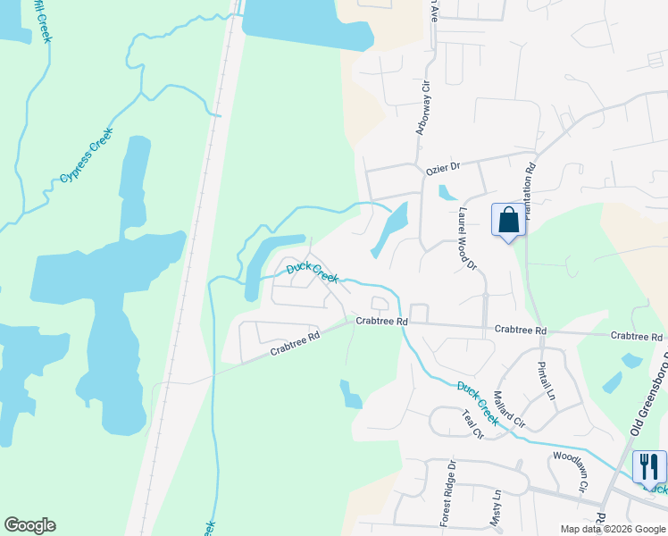 map of restaurants, bars, coffee shops, grocery stores, and more near Crabtree Road in Tuscaloosa