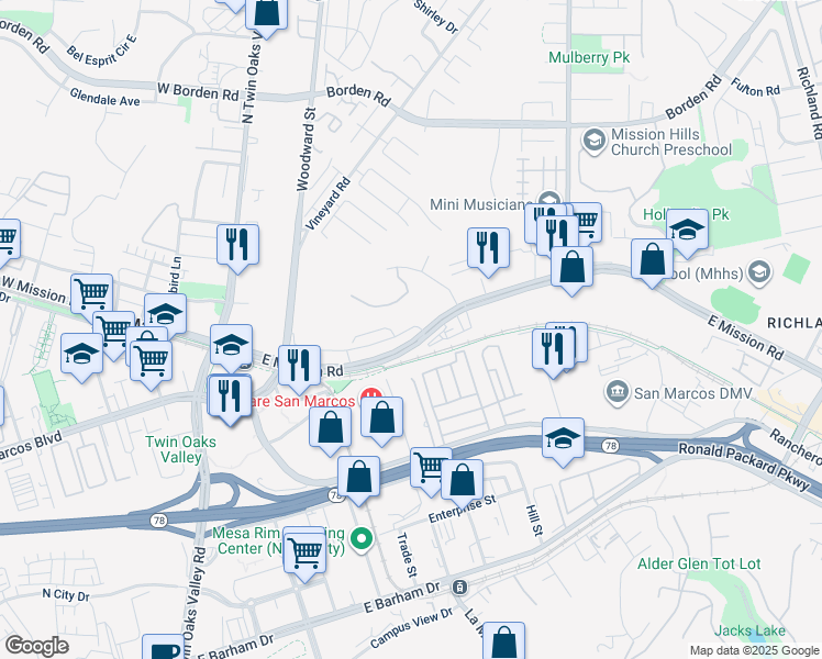 map of restaurants, bars, coffee shops, grocery stores, and more near 173 Mission Villas Road in San Marcos
