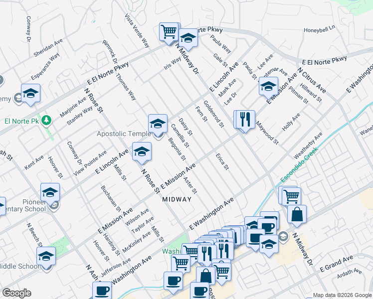 map of restaurants, bars, coffee shops, grocery stores, and more near 823 Begonia Street in Escondido