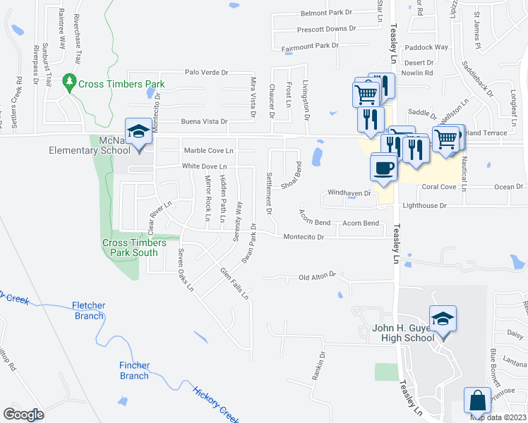 map of restaurants, bars, coffee shops, grocery stores, and more near 8008 Settlement Drive in Denton