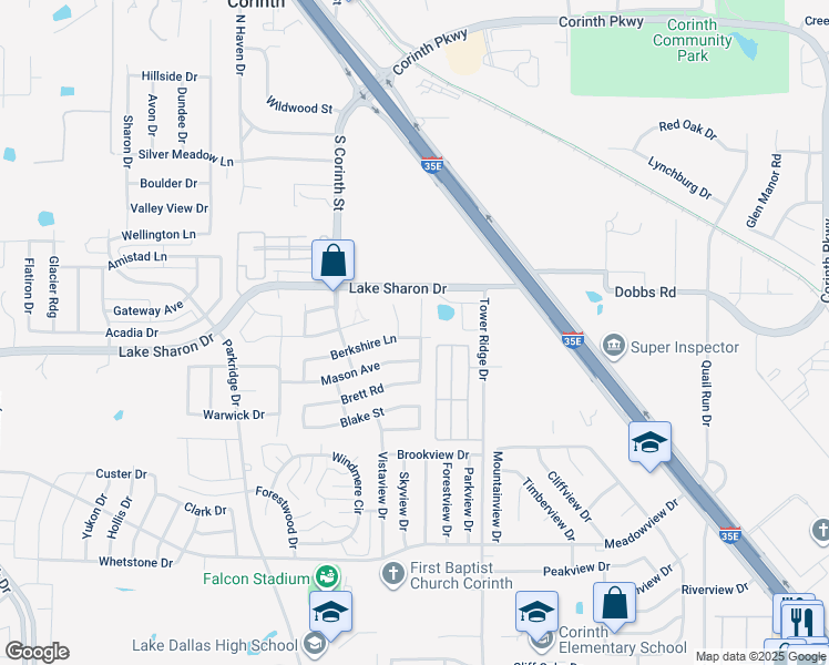 map of restaurants, bars, coffee shops, grocery stores, and more near 2417 Graystone Lane in Corinth