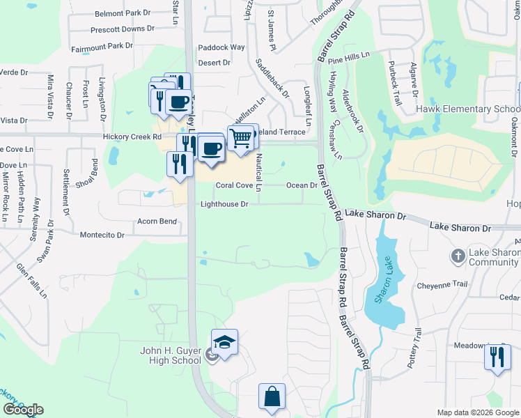 map of restaurants, bars, coffee shops, grocery stores, and more near 5029 Nautical Lane in Denton