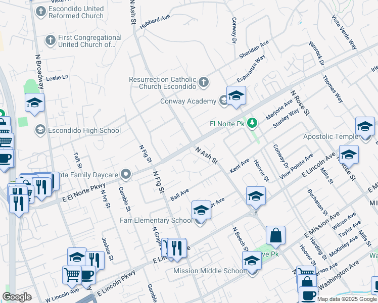 map of restaurants, bars, coffee shops, grocery stores, and more near in Escondido