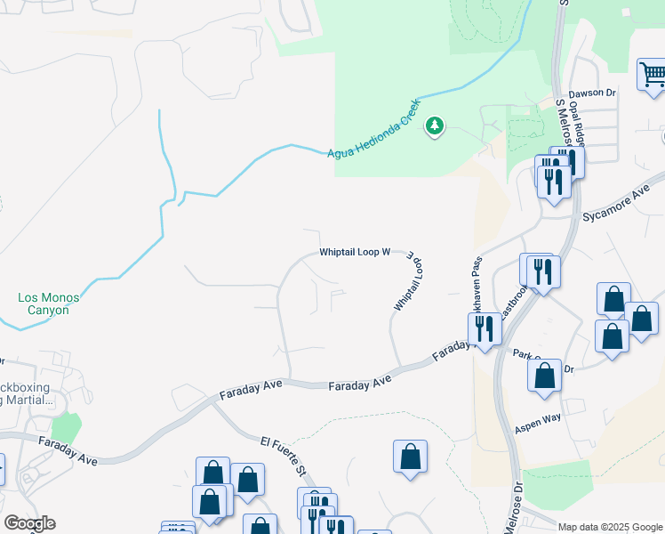 map of restaurants, bars, coffee shops, grocery stores, and more near Whiptail Loop West in Carlsbad