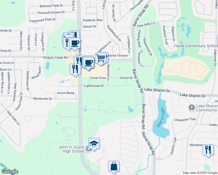 map of restaurants, bars, coffee shops, grocery stores, and more near 5029 Nautical Lane in Denton