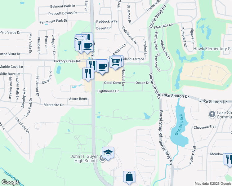 map of restaurants, bars, coffee shops, grocery stores, and more near 3105 Lighthouse Drive in Denton