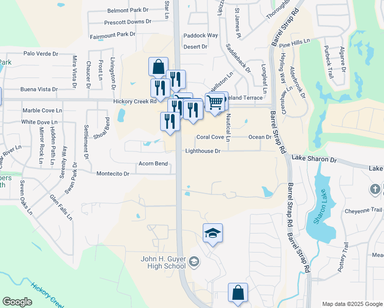 map of restaurants, bars, coffee shops, grocery stores, and more near 2916 Lighthouse Drive in Denton