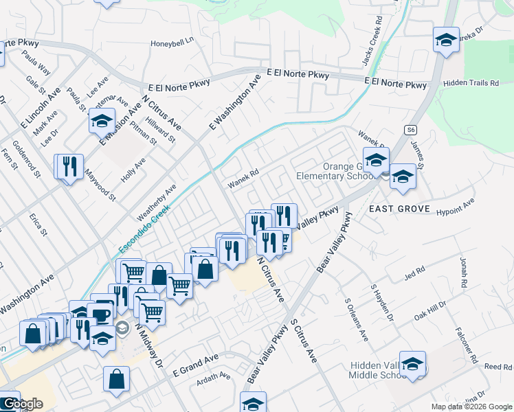 map of restaurants, bars, coffee shops, grocery stores, and more near 456 Devonshire Glen in Escondido