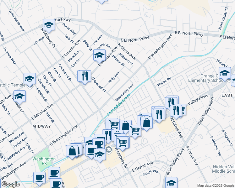 map of restaurants, bars, coffee shops, grocery stores, and more near 2145 East Washington Avenue in Escondido