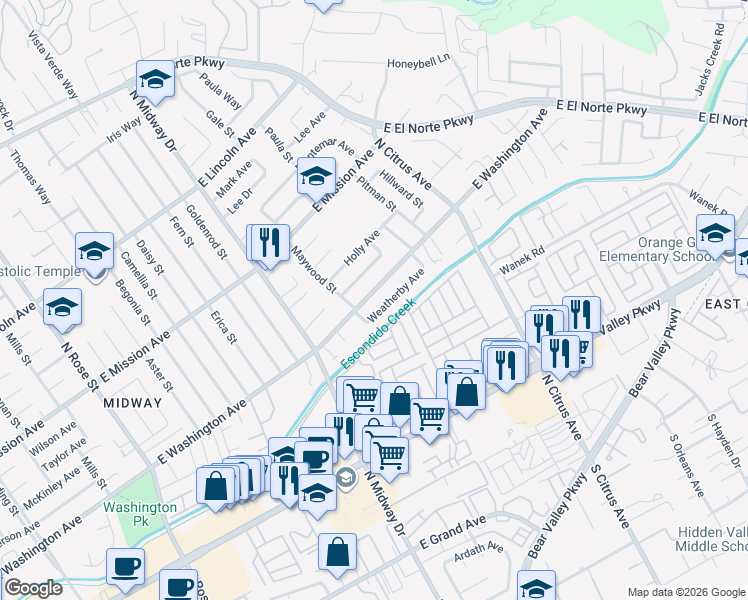 map of restaurants, bars, coffee shops, grocery stores, and more near 2145 East Washington Avenue in Escondido