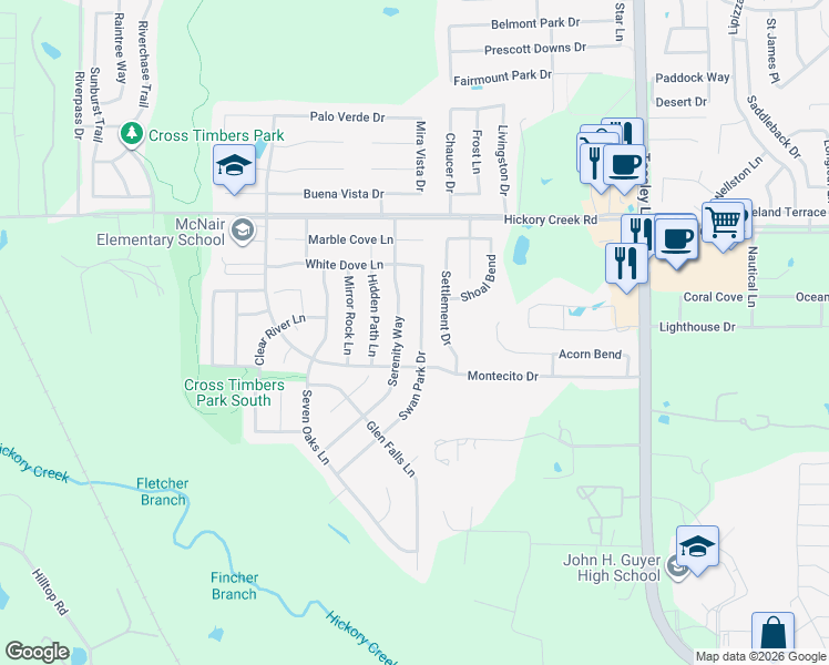 map of restaurants, bars, coffee shops, grocery stores, and more near 8100 Swan Park Drive in Denton