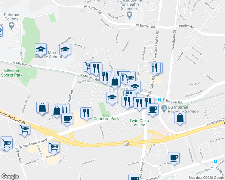 map of restaurants, bars, coffee shops, grocery stores, and more near 291 Autumn Drive in San Marcos