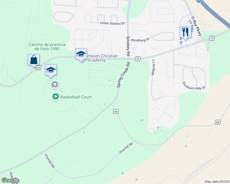 map of restaurants, bars, coffee shops, grocery stores, and more near 6069 Spring Creek Road in Montevallo