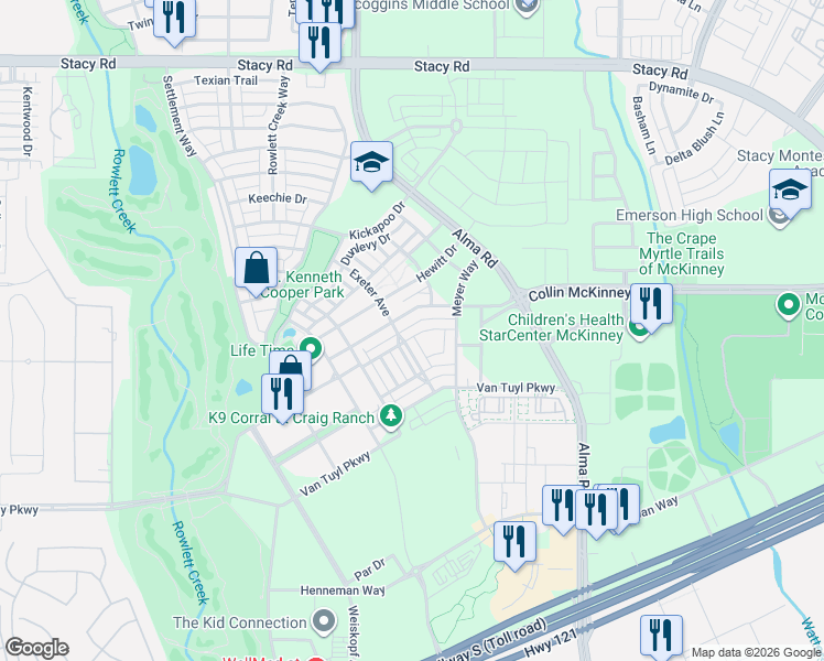 map of restaurants, bars, coffee shops, grocery stores, and more near 7260 San Saba Drive in McKinney