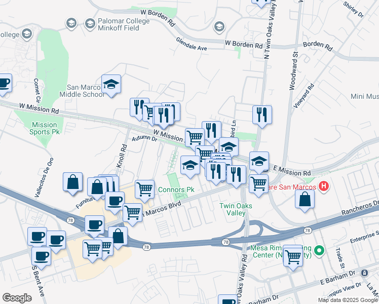 map of restaurants, bars, coffee shops, grocery stores, and more near 281 Autumn Drive in San Marcos