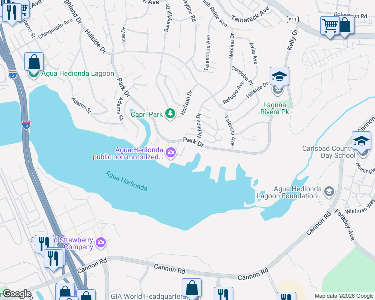 map of restaurants, bars, coffee shops, grocery stores, and more near 4732 Bryce Circle in Carlsbad