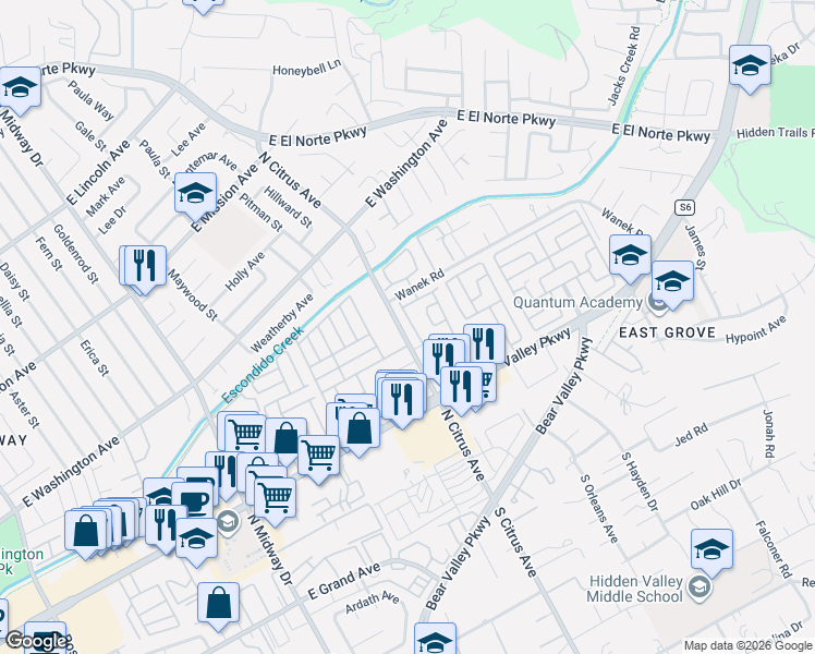 map of restaurants, bars, coffee shops, grocery stores, and more near 485 Bancroft Glen in Escondido