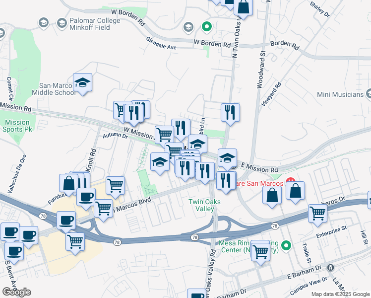 map of restaurants, bars, coffee shops, grocery stores, and more near Questhaven Road in San Marcos