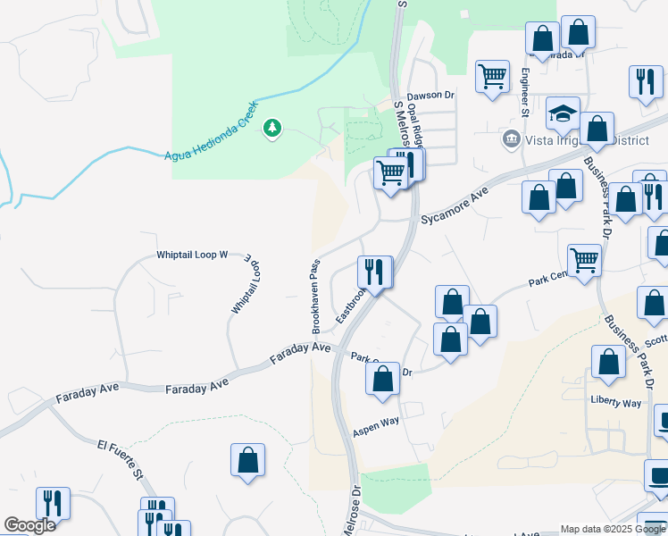 map of restaurants, bars, coffee shops, grocery stores, and more near 2225 Baxter Canyon Road in Vista
