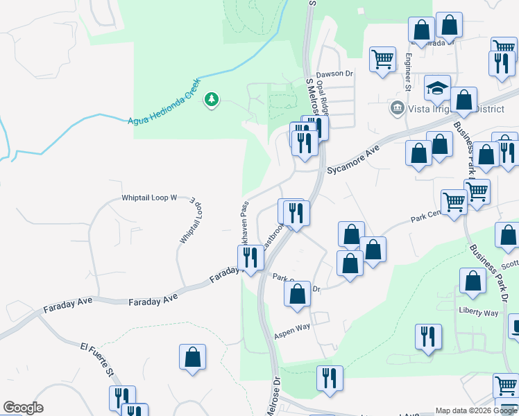 map of restaurants, bars, coffee shops, grocery stores, and more near 2225 Baxter Canyon Road in Vista