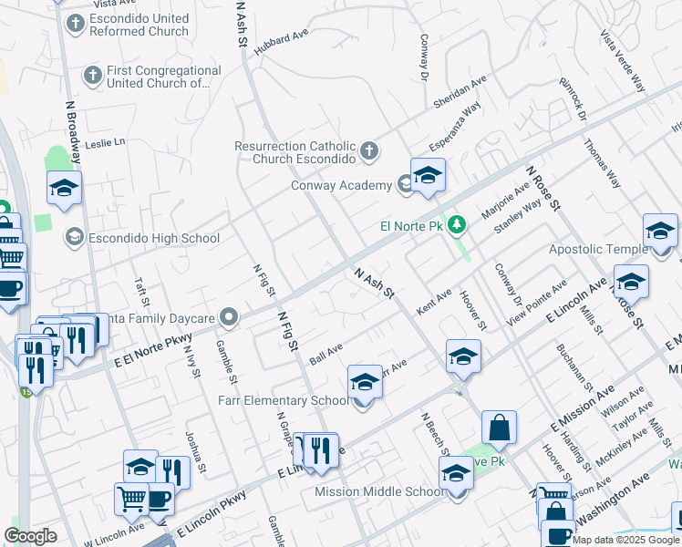 map of restaurants, bars, coffee shops, grocery stores, and more near 1000 East El Norte Parkway in Escondido