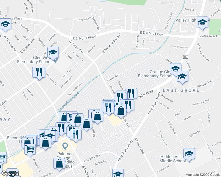 map of restaurants, bars, coffee shops, grocery stores, and more near 485 Bancroft Glen in Escondido