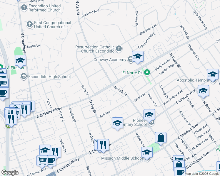 map of restaurants, bars, coffee shops, grocery stores, and more near North Ash Street in Escondido