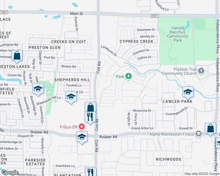map of restaurants, bars, coffee shops, grocery stores, and more near 8025 Benthaven Place in Frisco