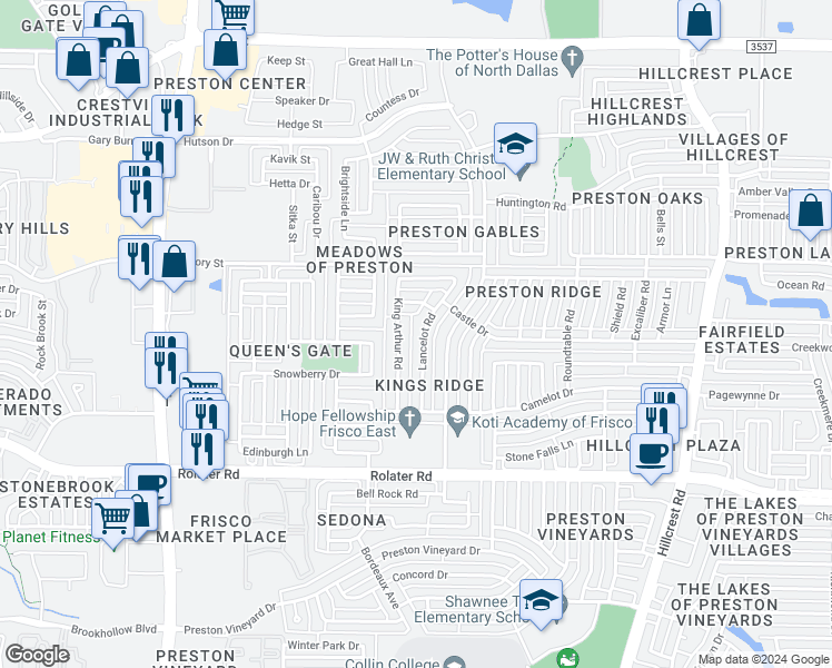 map of restaurants, bars, coffee shops, grocery stores, and more near 7773 Lancelot Road in Frisco