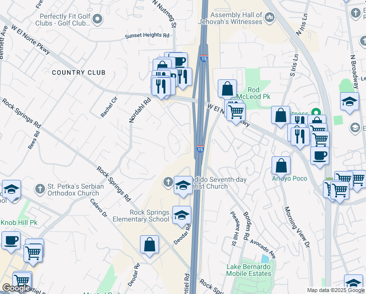 map of restaurants, bars, coffee shops, grocery stores, and more near 1641 Borden Road in Escondido