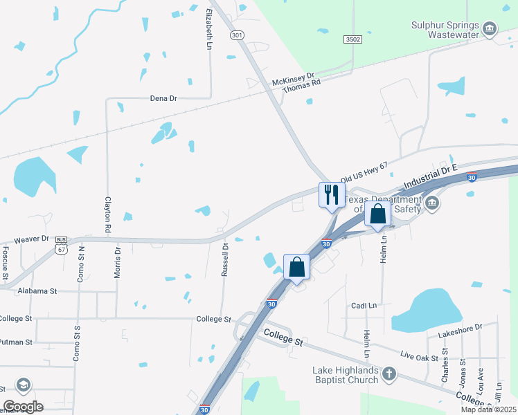 map of restaurants, bars, coffee shops, grocery stores, and more near 1227 Jefferson Street East in Sulphur Springs