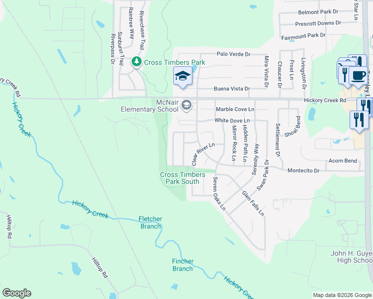 map of restaurants, bars, coffee shops, grocery stores, and more near 8009 Canoe Ridge Lane in Denton