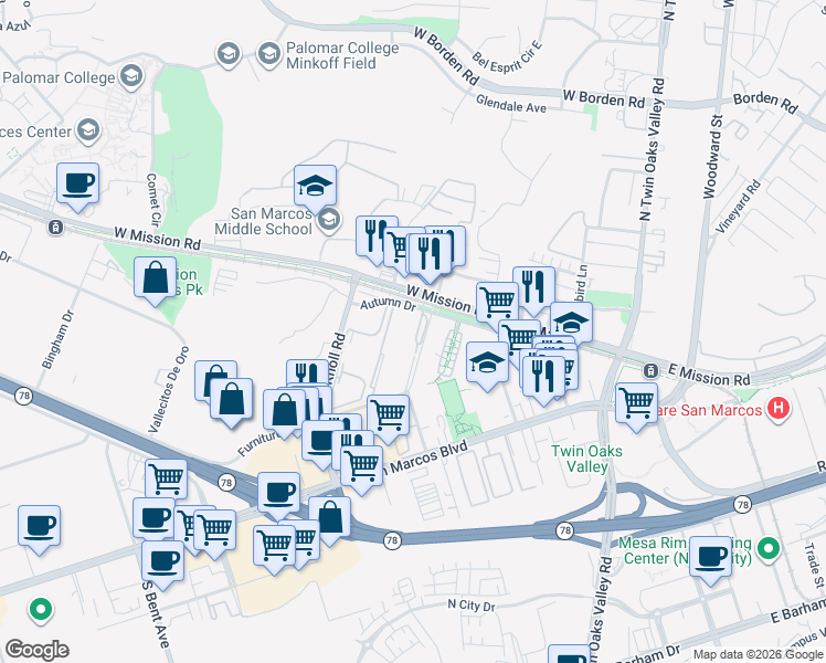 map of restaurants, bars, coffee shops, grocery stores, and more near 425 Autumn Drive in San Marcos