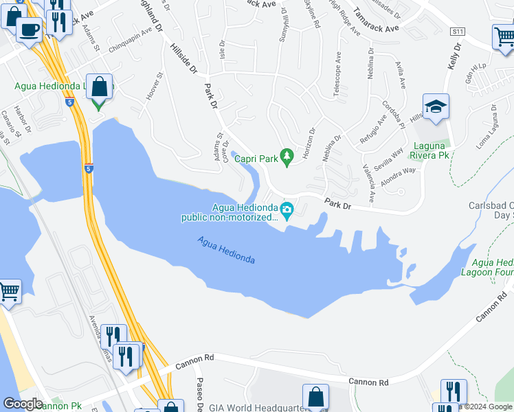 map of restaurants, bars, coffee shops, grocery stores, and more near 4747 Marina Drive in Carlsbad