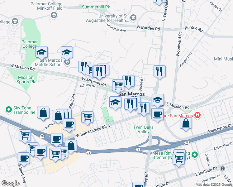 map of restaurants, bars, coffee shops, grocery stores, and more near 281 Autumn Drive in San Marcos