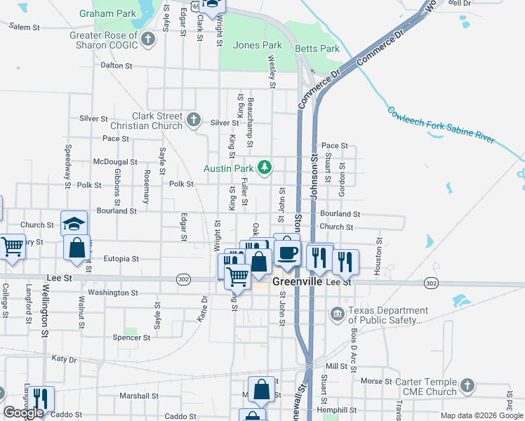 map of restaurants, bars, coffee shops, grocery stores, and more near 1901 Oak Street in Greenville
