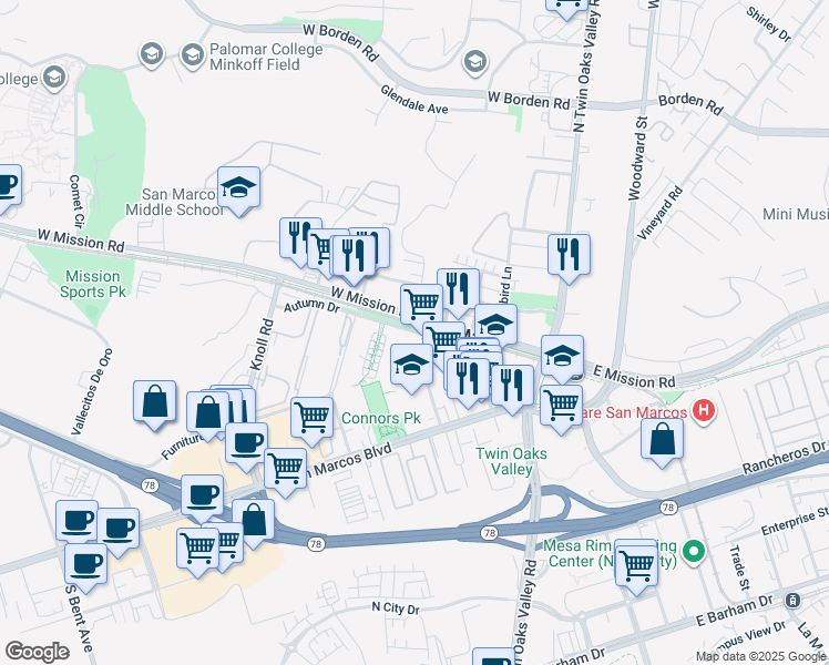 map of restaurants, bars, coffee shops, grocery stores, and more near 291 Autumn Drive in San Marcos