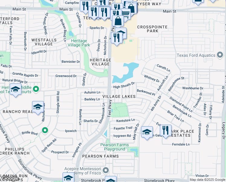 map of restaurants, bars, coffee shops, grocery stores, and more near 7791 Amberdale Lane in Frisco