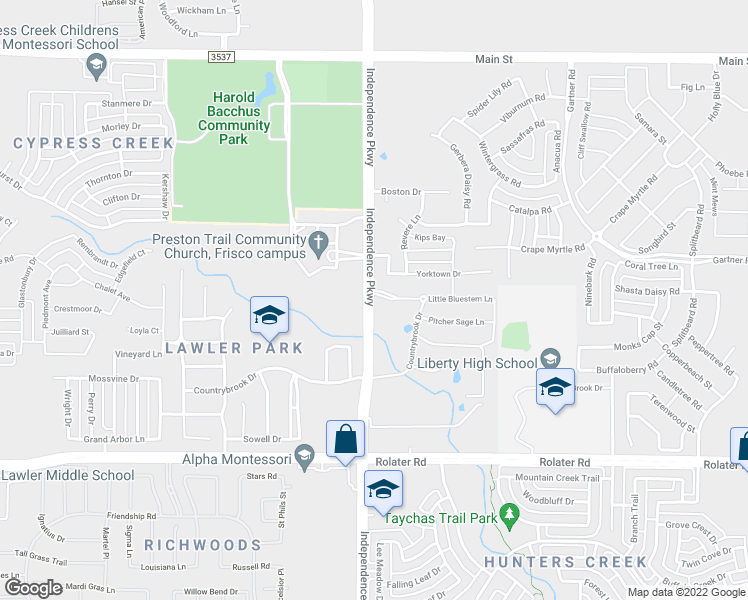 map of restaurants, bars, coffee shops, grocery stores, and more near 8111 Declaration Drive in Frisco