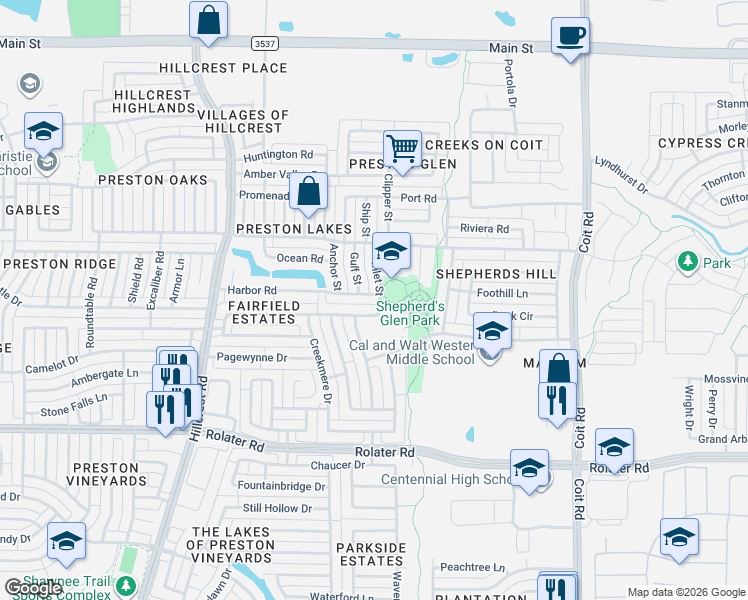 map of restaurants, bars, coffee shops, grocery stores, and more near 7812 Gulf Street in Frisco
