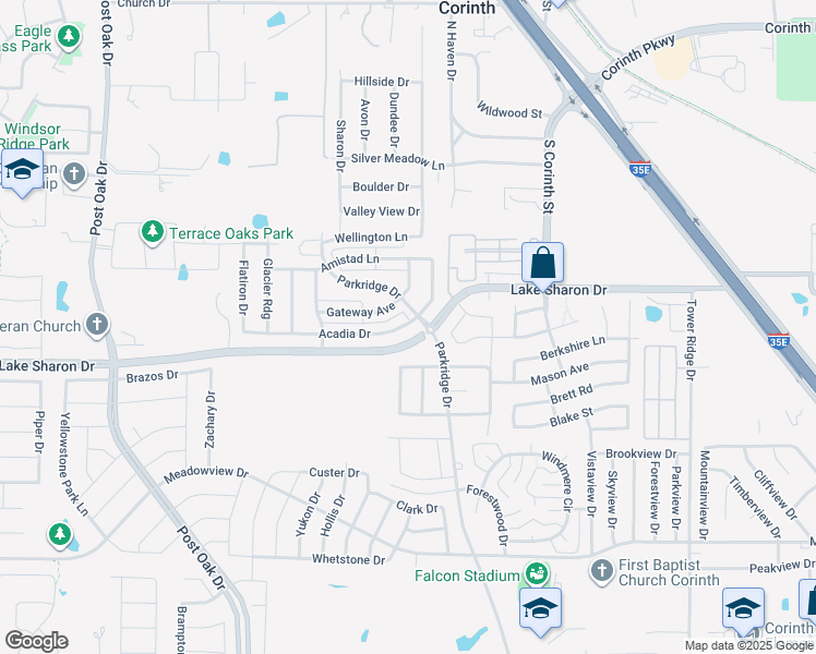 map of restaurants, bars, coffee shops, grocery stores, and more near 2310 Parkridge Drive in Corinth