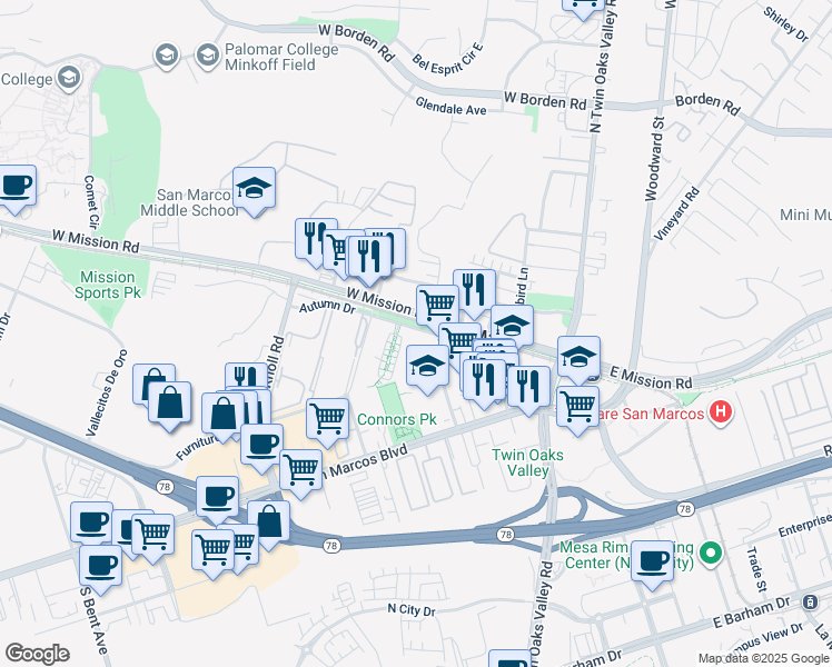 map of restaurants, bars, coffee shops, grocery stores, and more near 343 Autumn Drive in San Marcos