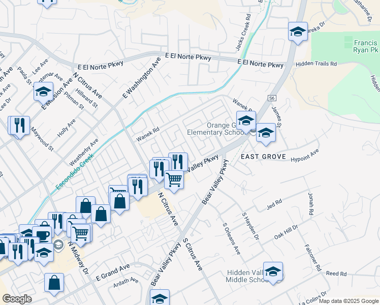 map of restaurants, bars, coffee shops, grocery stores, and more near 2550 East Valley Parkway in Escondido